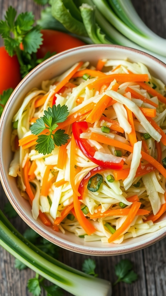 Refreshing Crunchy Cabbage Salad Recipe A colorful cabbage salad with shredded cabbage, carrots, and bell peppers in a bowl, garnished with parsley.